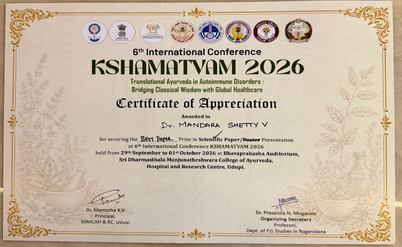JSS Ayurveda Medical College, Dr. Mandara Shetty V, Best Oral Scientific Paper Award, KSHAMATVAM 2026